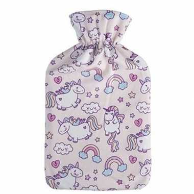 Rubberen heet kruik met licht roze eenhoorns hoes 2 liter