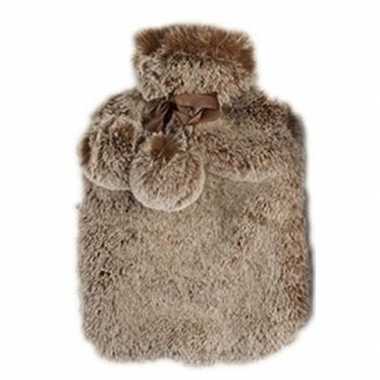 Rubberen heet kruik met pluche hoes 2 liter terra bruin