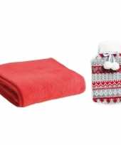 Rubberen giftset winter warm kruik met fleece deken rood