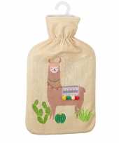 Rubberen warmkruik met lama alpaca print beige 2 liter