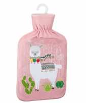 Rubberen warmkruik met lama alpaca print roze 2 liter