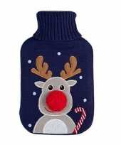 Rubberen winter kruik met kerst rendier blauwe hoes 2 liter